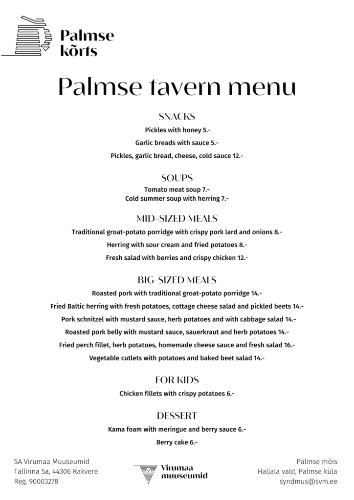Palmse tavern menu