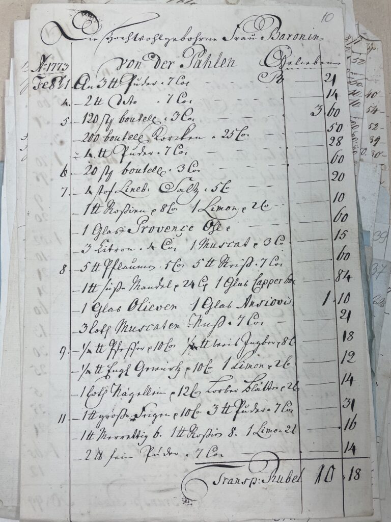 Palmse mõisaproua sisseostude nimekiri, 1773