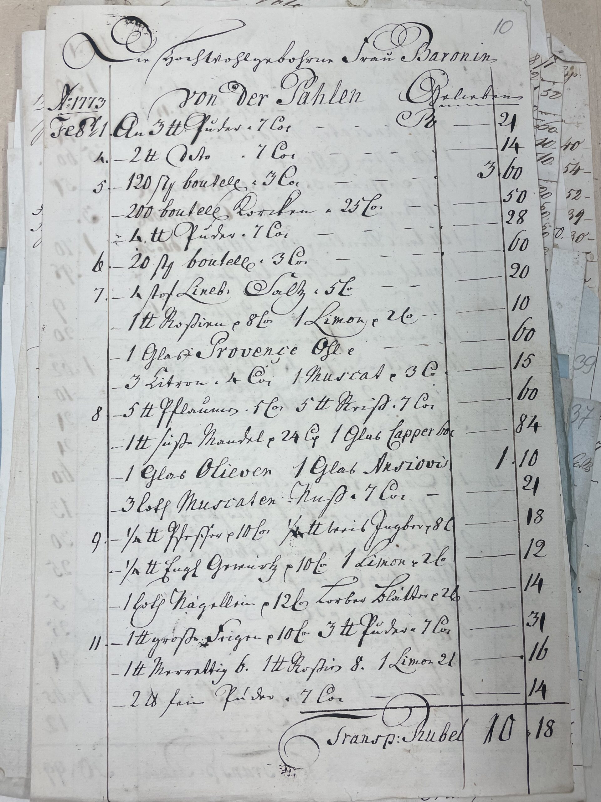 Palmse mõisaproua sisseostude nimekiri, 1773